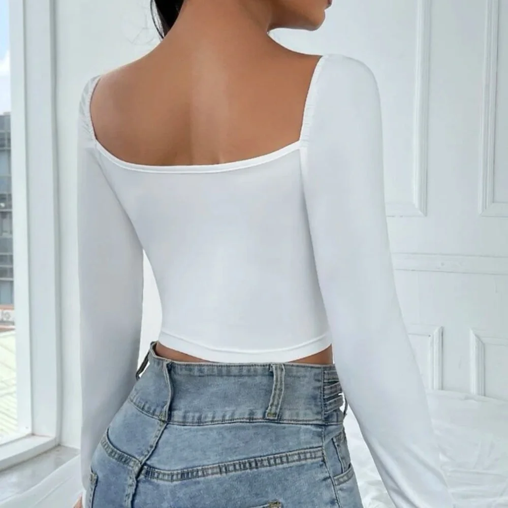 Square neck long sleeve ruched boho crop top black - Picture 7 of 8